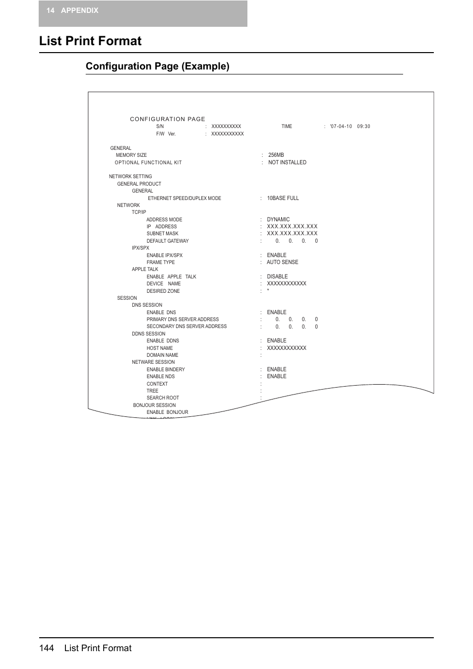 List print format, Configuration page (example), 144 list print format | Toshiba GA-1190 User Manual | Page 146 / 156