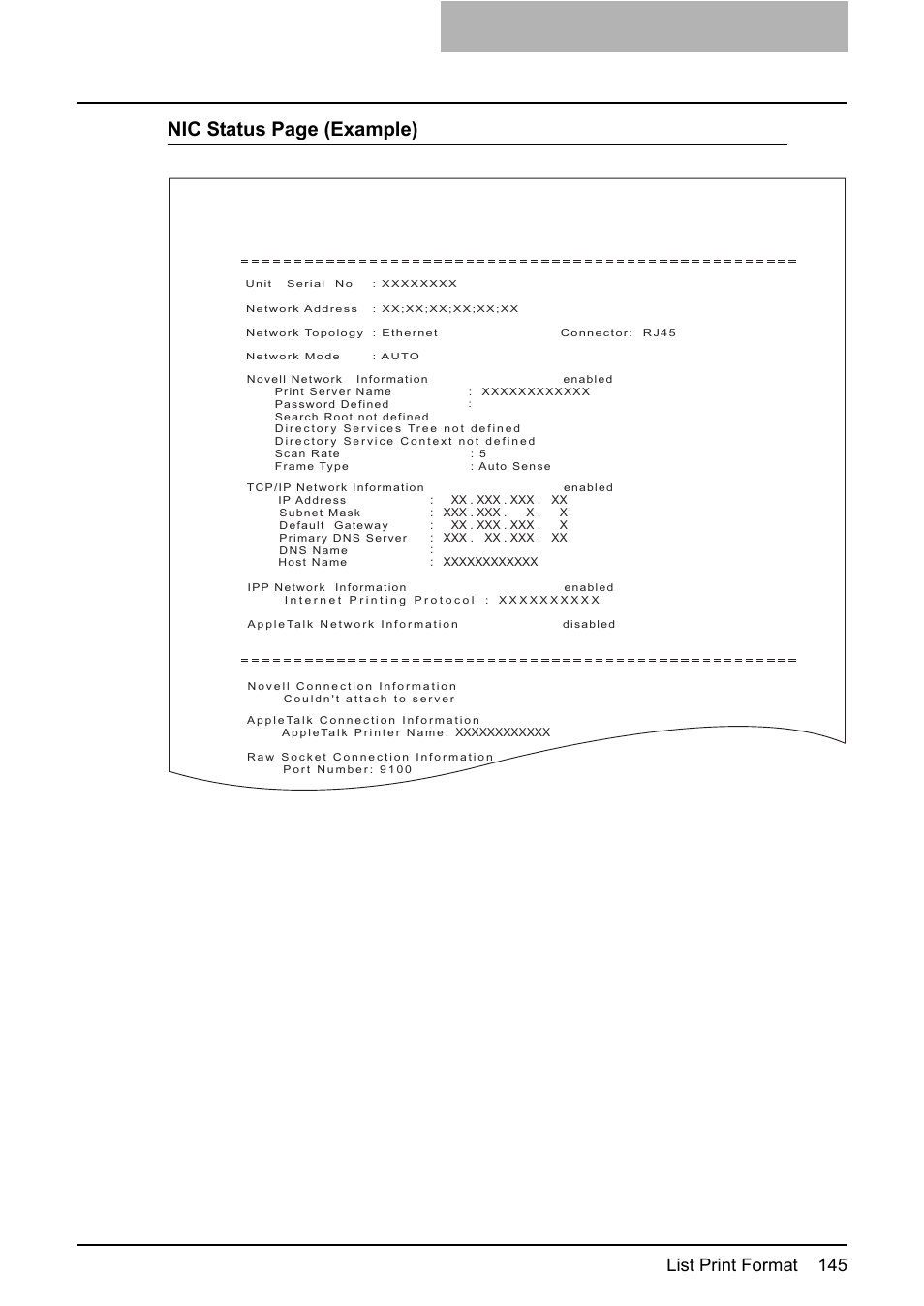 Nic status page (example), List print format 145 | Toshiba GA-1190 User Manual | Page 147 / 156