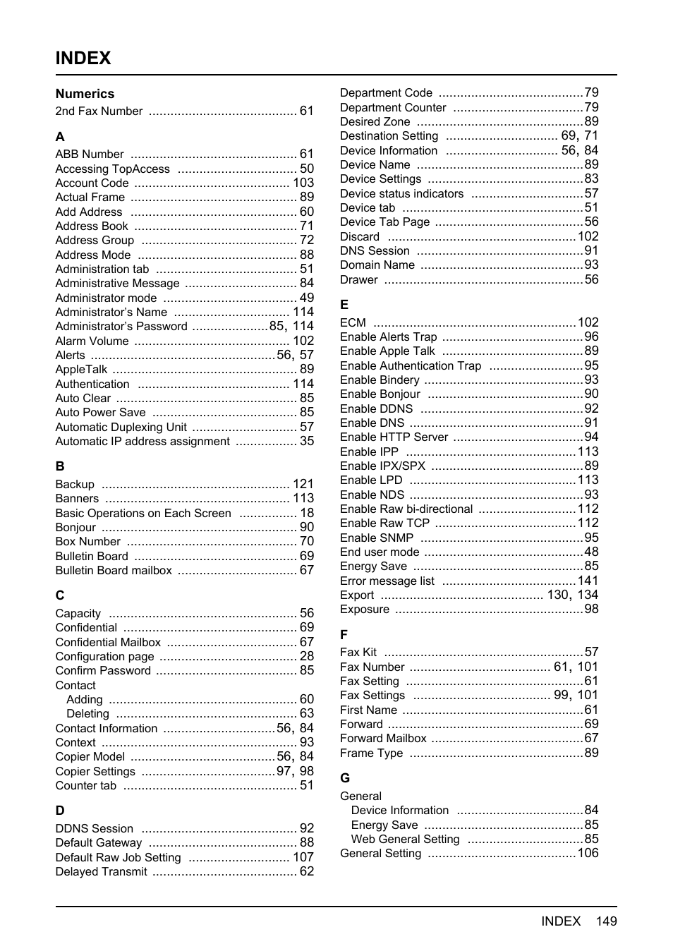 Index | Toshiba GA-1190 User Manual | Page 151 / 156