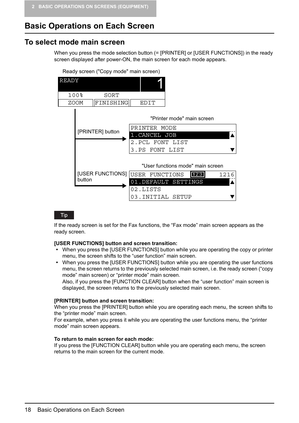 Basic operations on each screen, To select mode main screen | Toshiba GA-1190 User Manual | Page 20 / 156