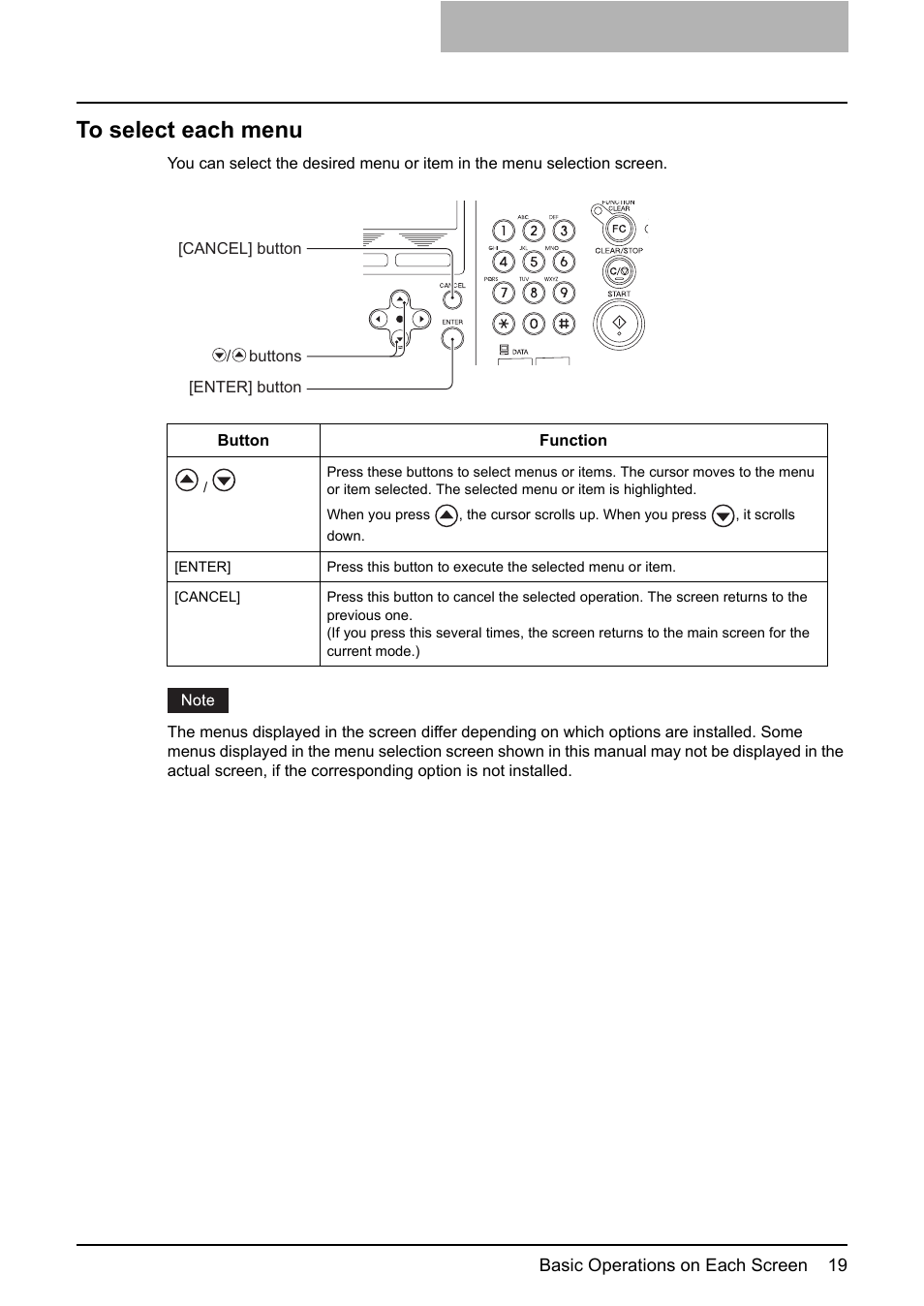 To select each menu | Toshiba GA-1190 User Manual | Page 21 / 156