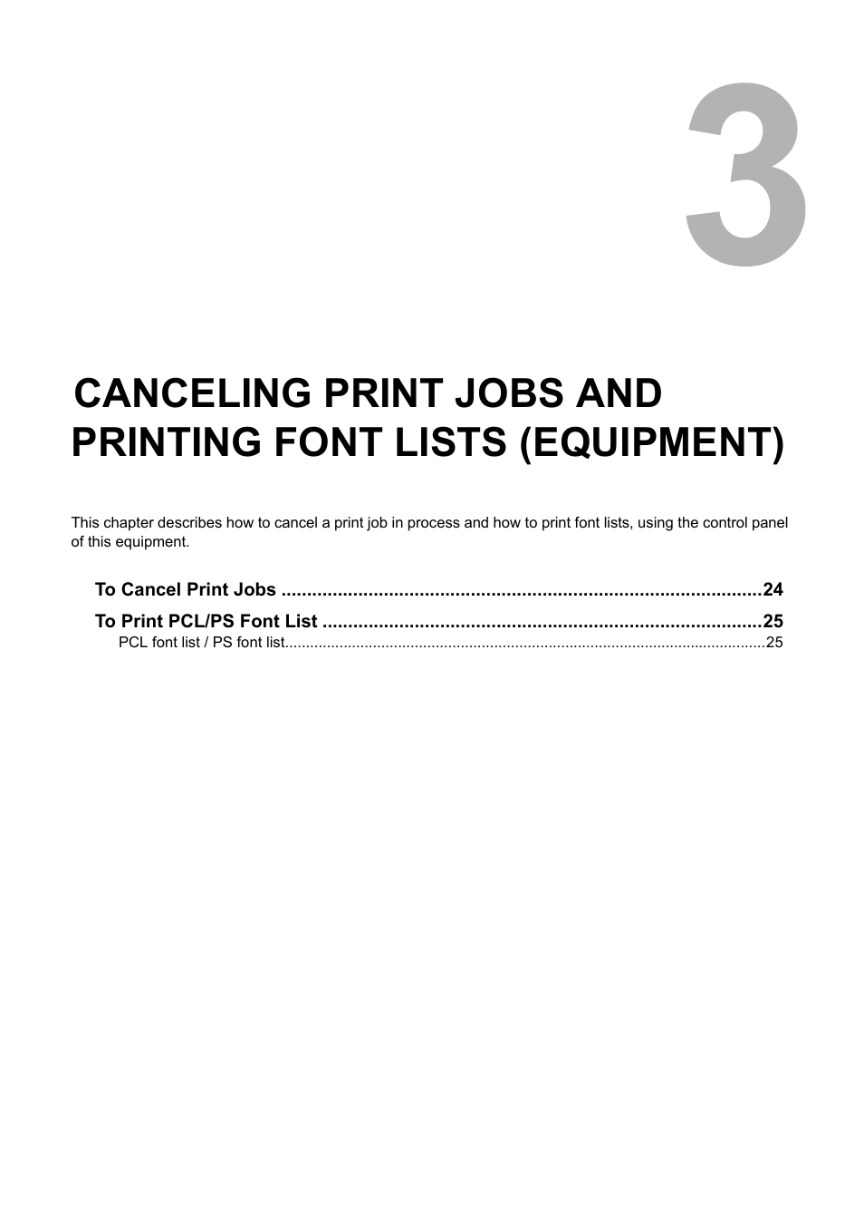 Chapter 3, P.23 “canceling print jobs and printing font lists, Equipment) | Toshiba GA-1190 User Manual | Page 25 / 156