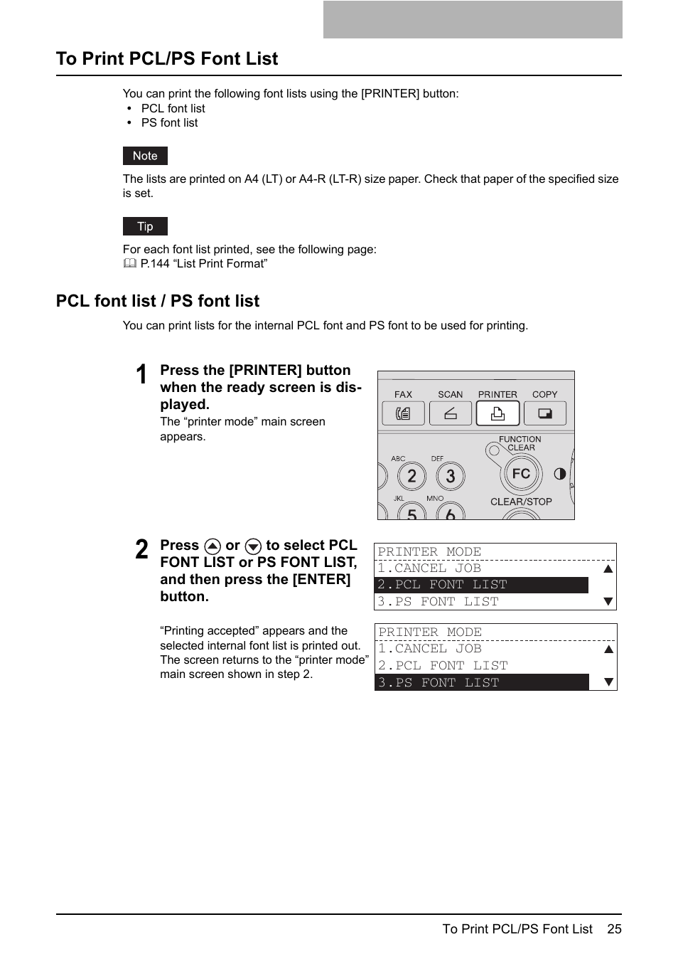 To print pcl/ps font list, Pcl font list / ps font list | Toshiba GA-1190 User Manual | Page 27 / 156