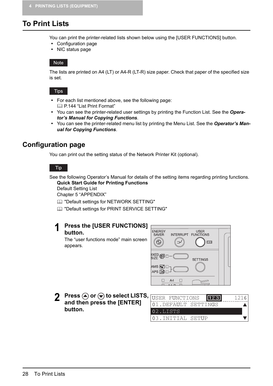 To print lists, Configuration page | Toshiba GA-1190 User Manual | Page 30 / 156