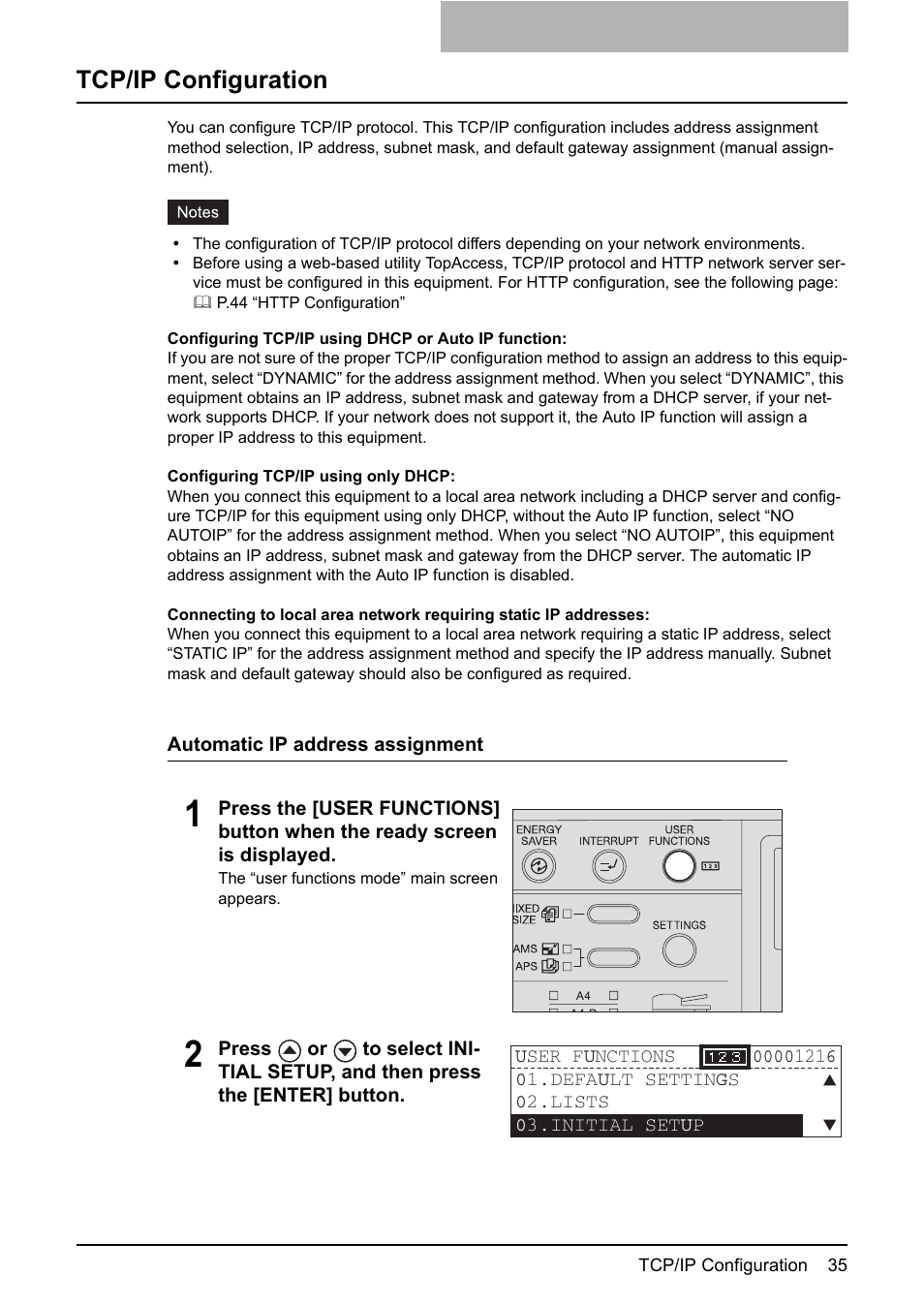 Tcp/ip configuration, P.35 “tcp/ip configuration | Toshiba GA-1190 User Manual | Page 37 / 156