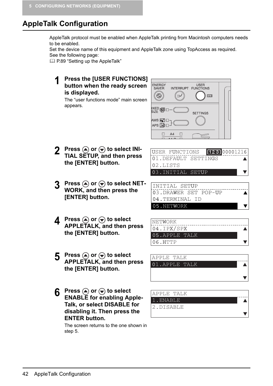 Appletalk configuration, P.42 “appletalk configuration | Toshiba GA-1190 User Manual | Page 44 / 156