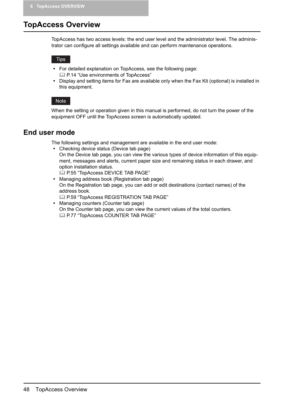 Topaccess overview, End user mode | Toshiba GA-1190 User Manual | Page 50 / 156