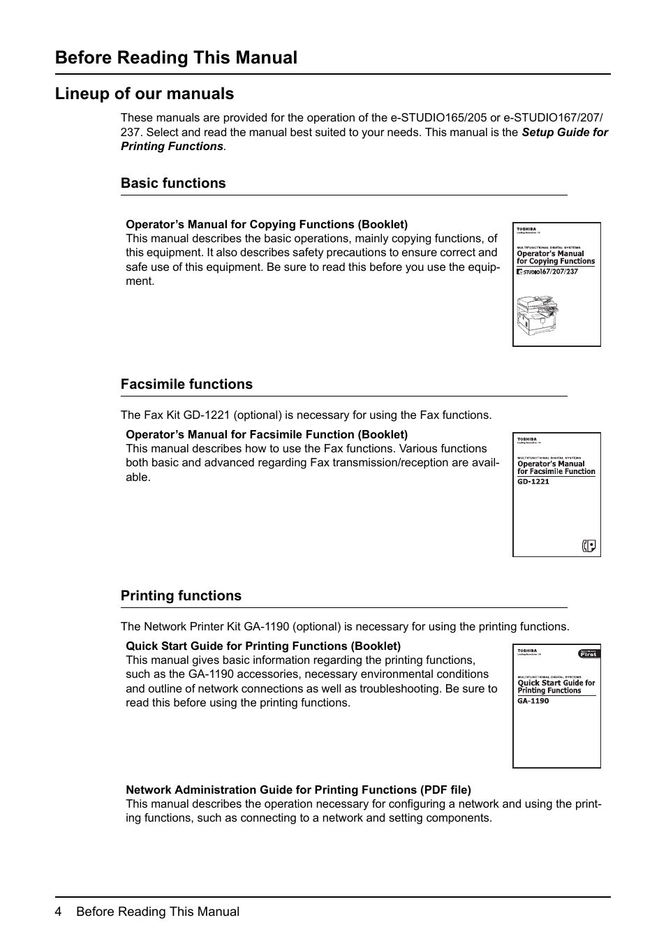 Before reading this manual, Lineup of our manuals | Toshiba GA-1190 User Manual | Page 6 / 156