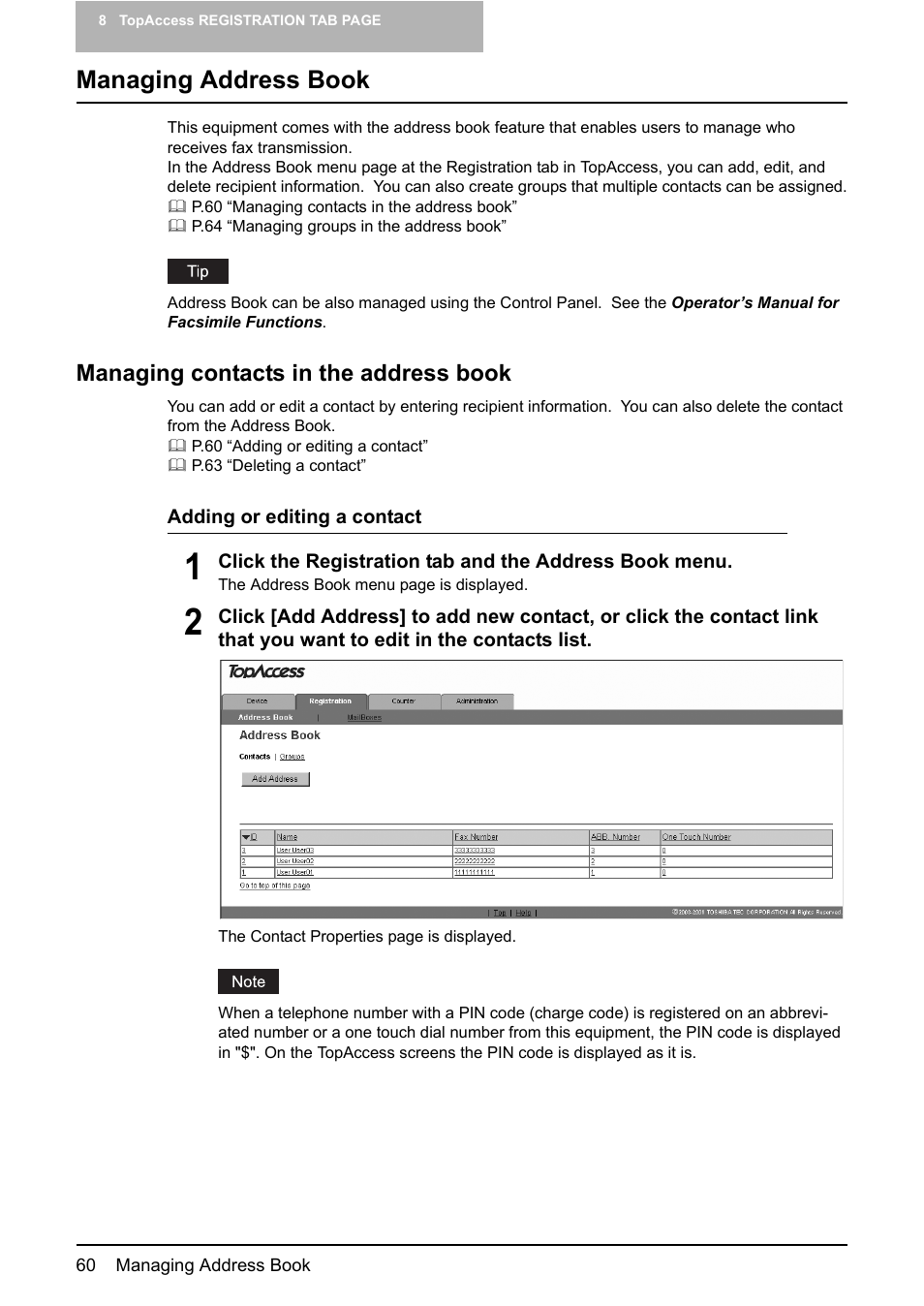 Managing address book, Managing contacts in the address book | Toshiba GA-1190 User Manual | Page 62 / 156