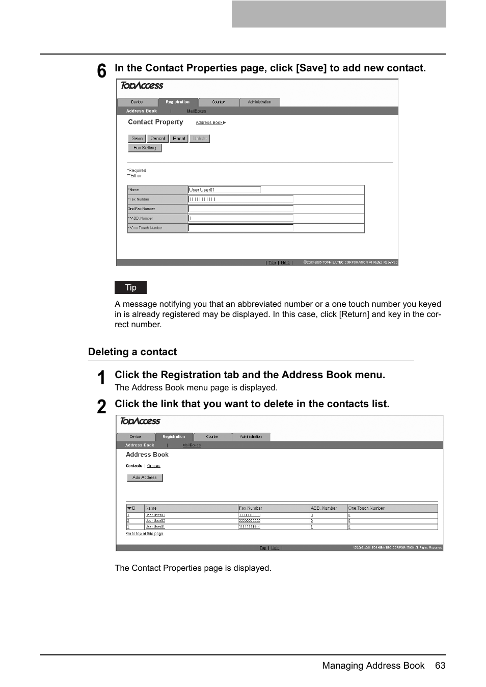 P.63 “deleting a contact | Toshiba GA-1190 User Manual | Page 65 / 156