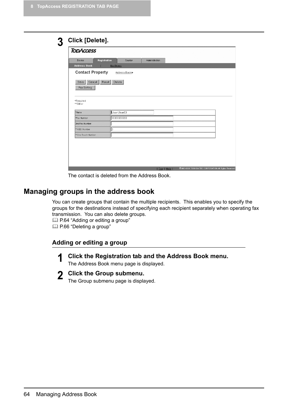 Managing groups in the address book, P.64 “managing groups in the address book | Toshiba GA-1190 User Manual | Page 66 / 156