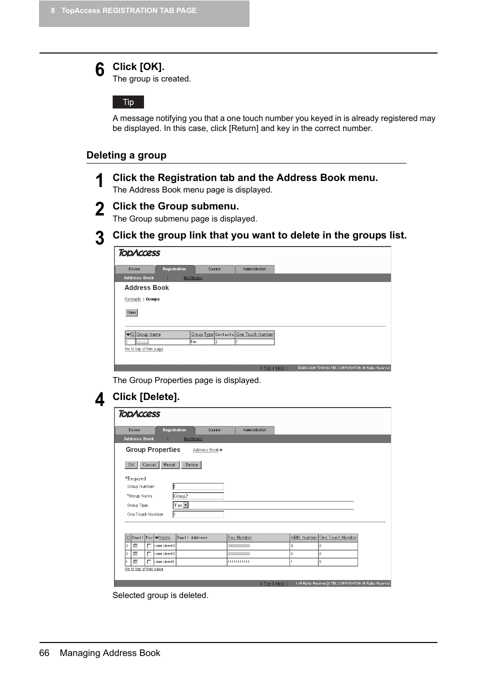 P.66 “deleting a group | Toshiba GA-1190 User Manual | Page 68 / 156