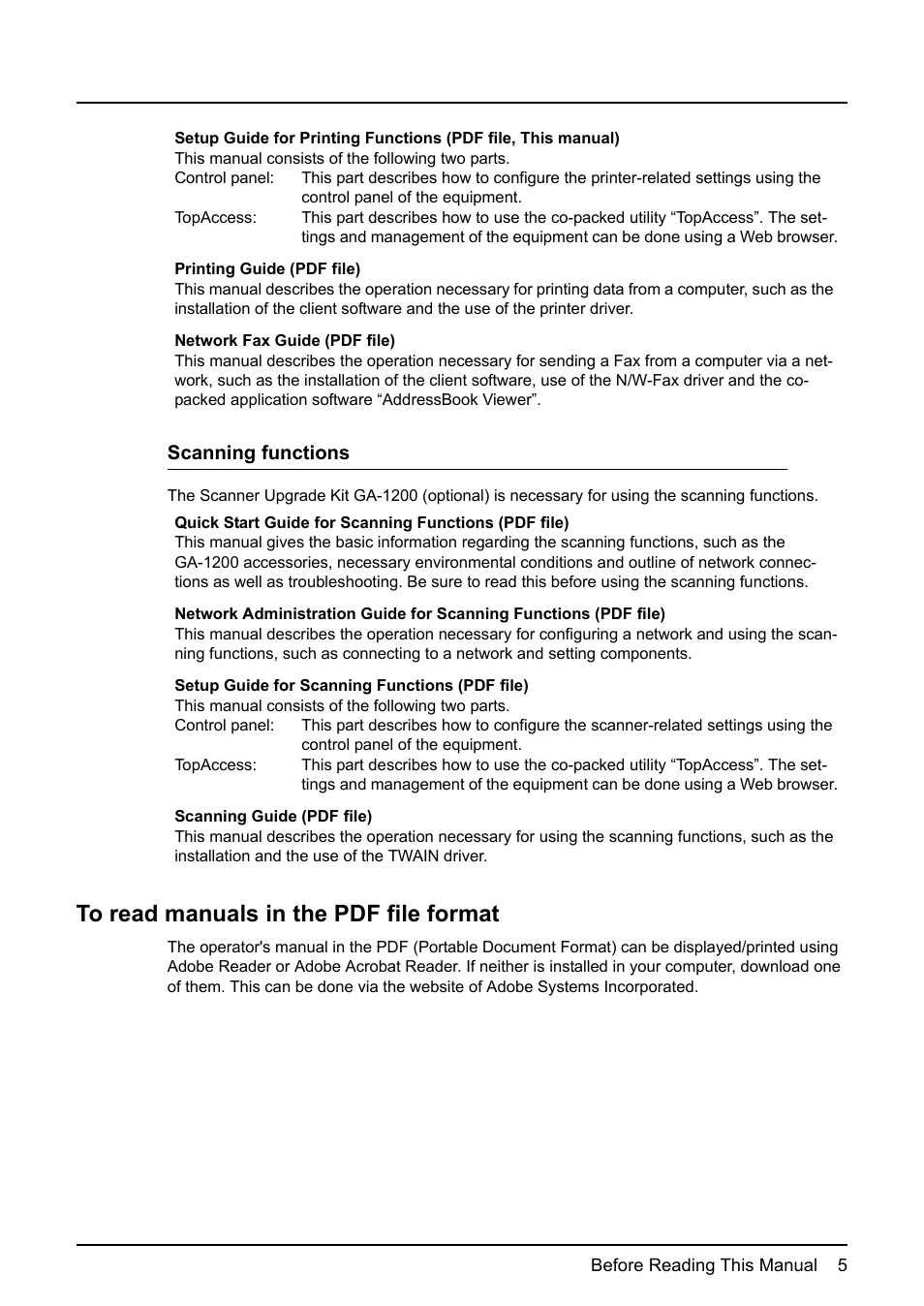 To read manuals in the pdf file format | Toshiba GA-1190 User Manual | Page 7 / 156