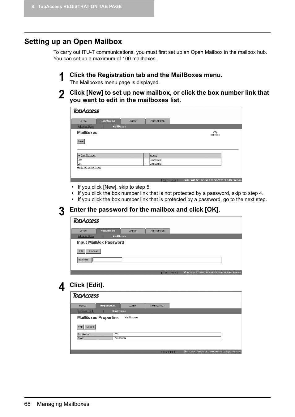 Setting up an open mailbox | Toshiba GA-1190 User Manual | Page 70 / 156