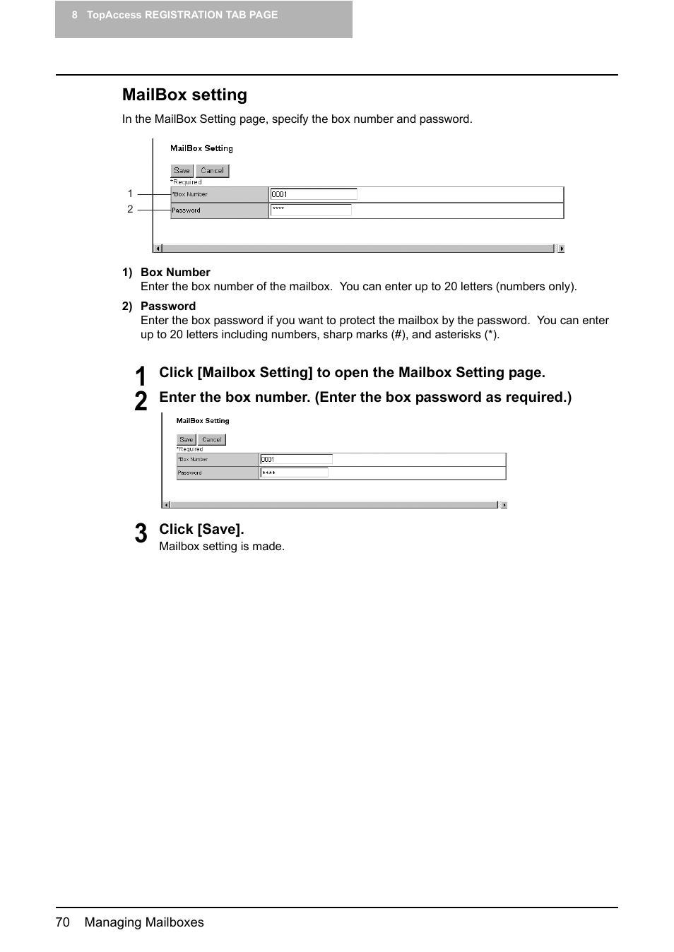 Mailbox setting, P.70 “mailbox setting | Toshiba GA-1190 User Manual | Page 72 / 156