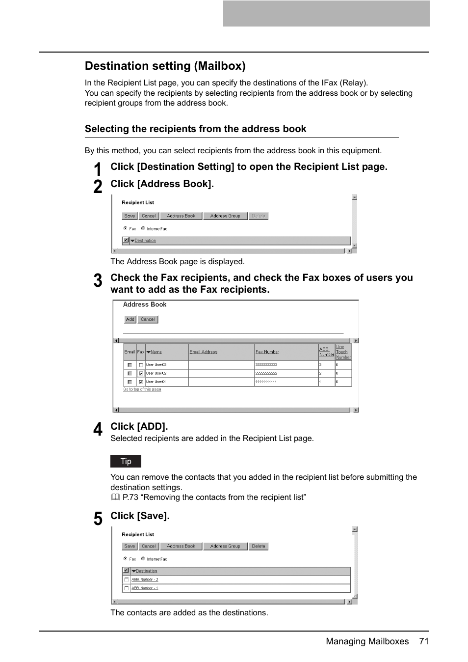 Destination setting (mailbox), P.71 “destination setting (mailbox) | Toshiba GA-1190 User Manual | Page 73 / 156