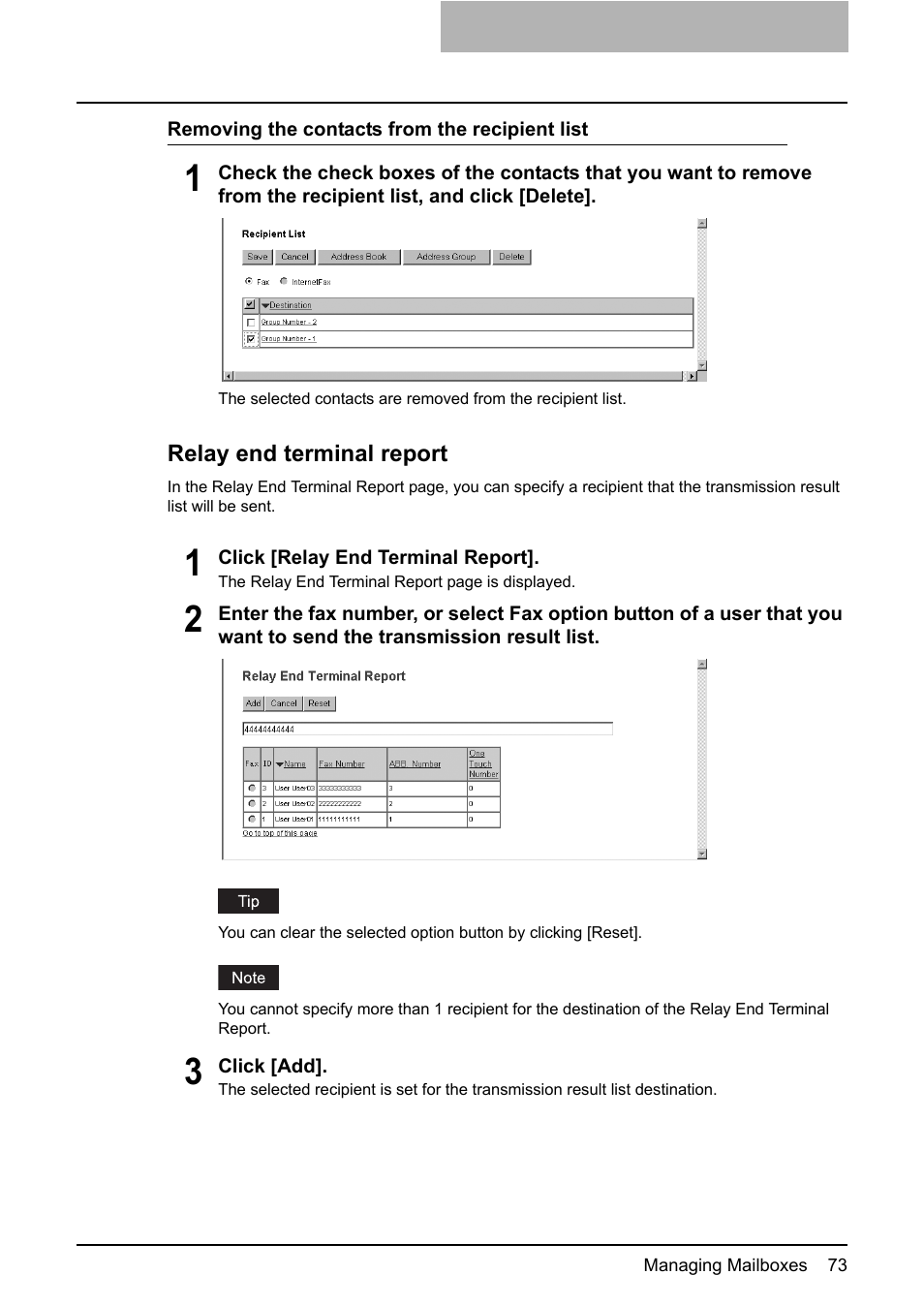 Relay end terminal report, P.73 “relay end terminal report | Toshiba GA-1190 User Manual | Page 75 / 156