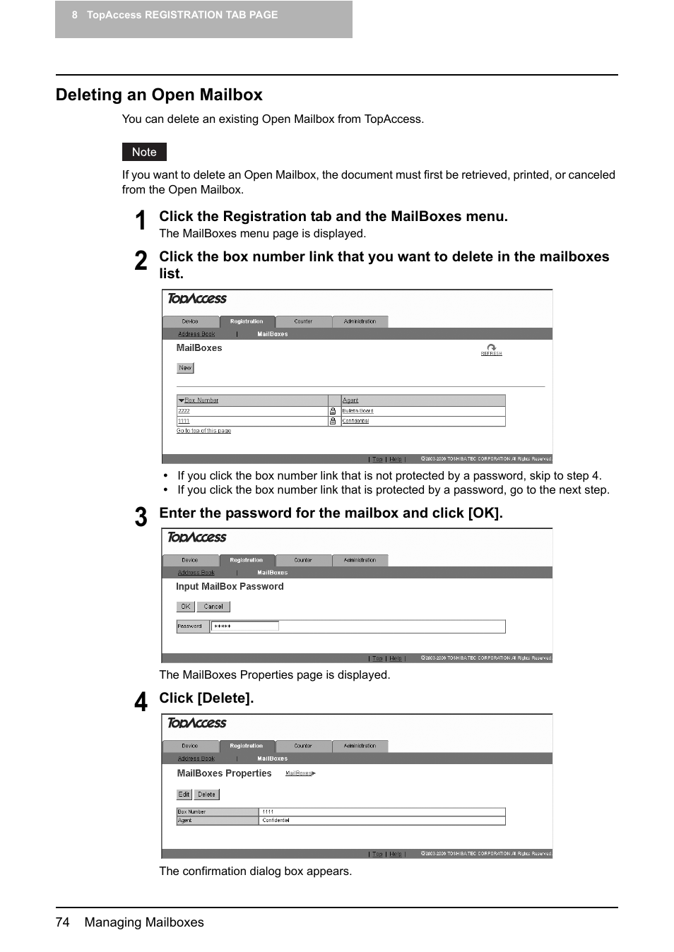 Deleting an open mailbox | Toshiba GA-1190 User Manual | Page 76 / 156