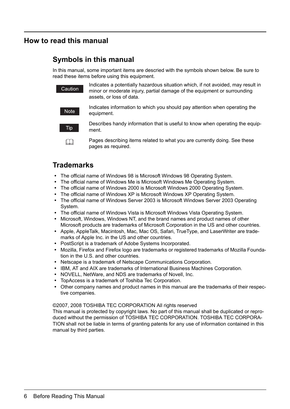 How to read this manual, Symbols in this manual, Trademarks | How to read this manual symbols in this manual | Toshiba GA-1190 User Manual | Page 8 / 156