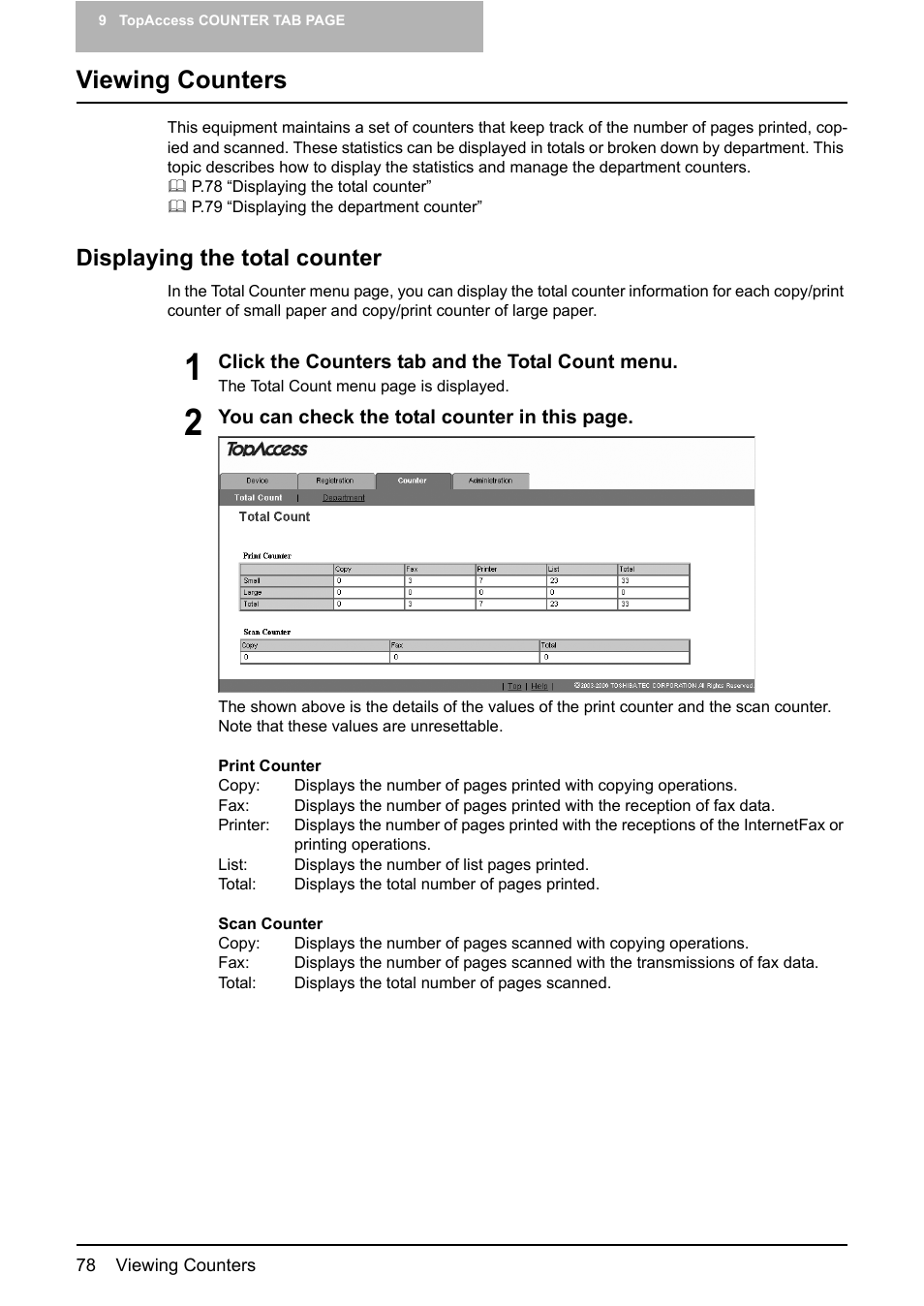 Viewing counters, Displaying the total counter | Toshiba GA-1190 User Manual | Page 80 / 156