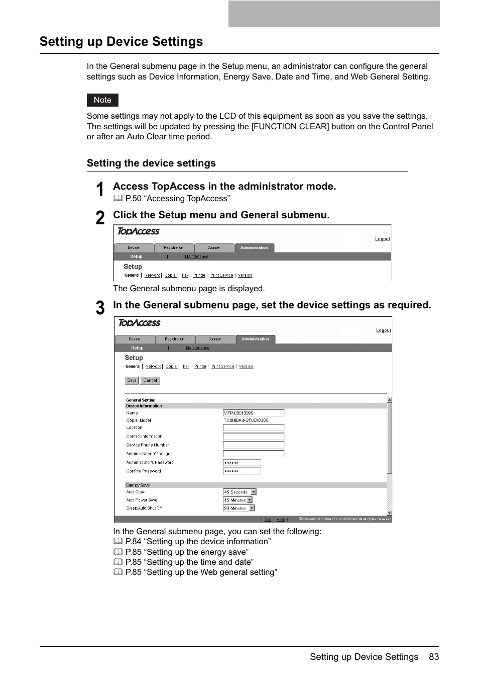 Setting up device settings, P.83 “setting up device settings | Toshiba GA-1190 User Manual | Page 85 / 156