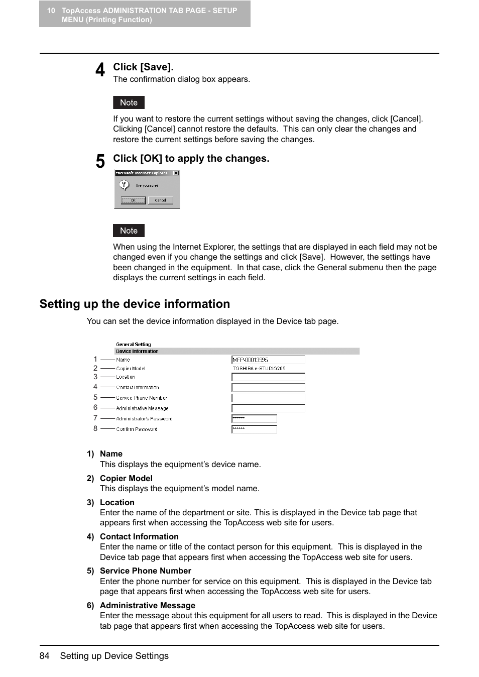 Setting up the device information, P.84 “setting up the device information | Toshiba GA-1190 User Manual | Page 86 / 156