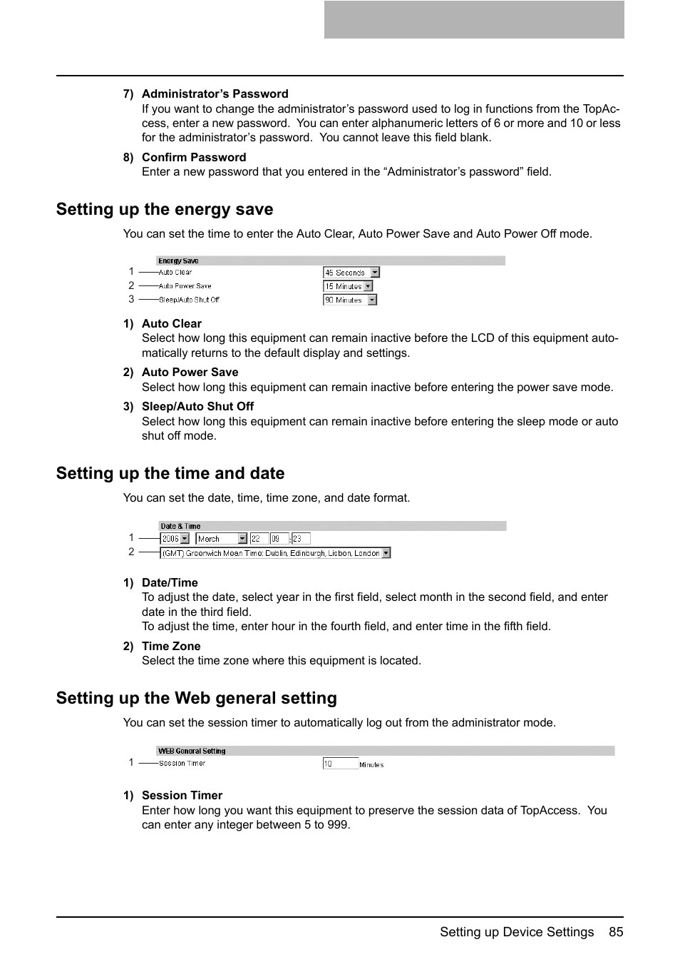 Setting up the energy save, Setting up the time and date, Setting up the web general setting | P.85 “setting up the energy save, P.85 “setting up the time and date, P.85 “setting up the web general setting | Toshiba GA-1190 User Manual | Page 87 / 156