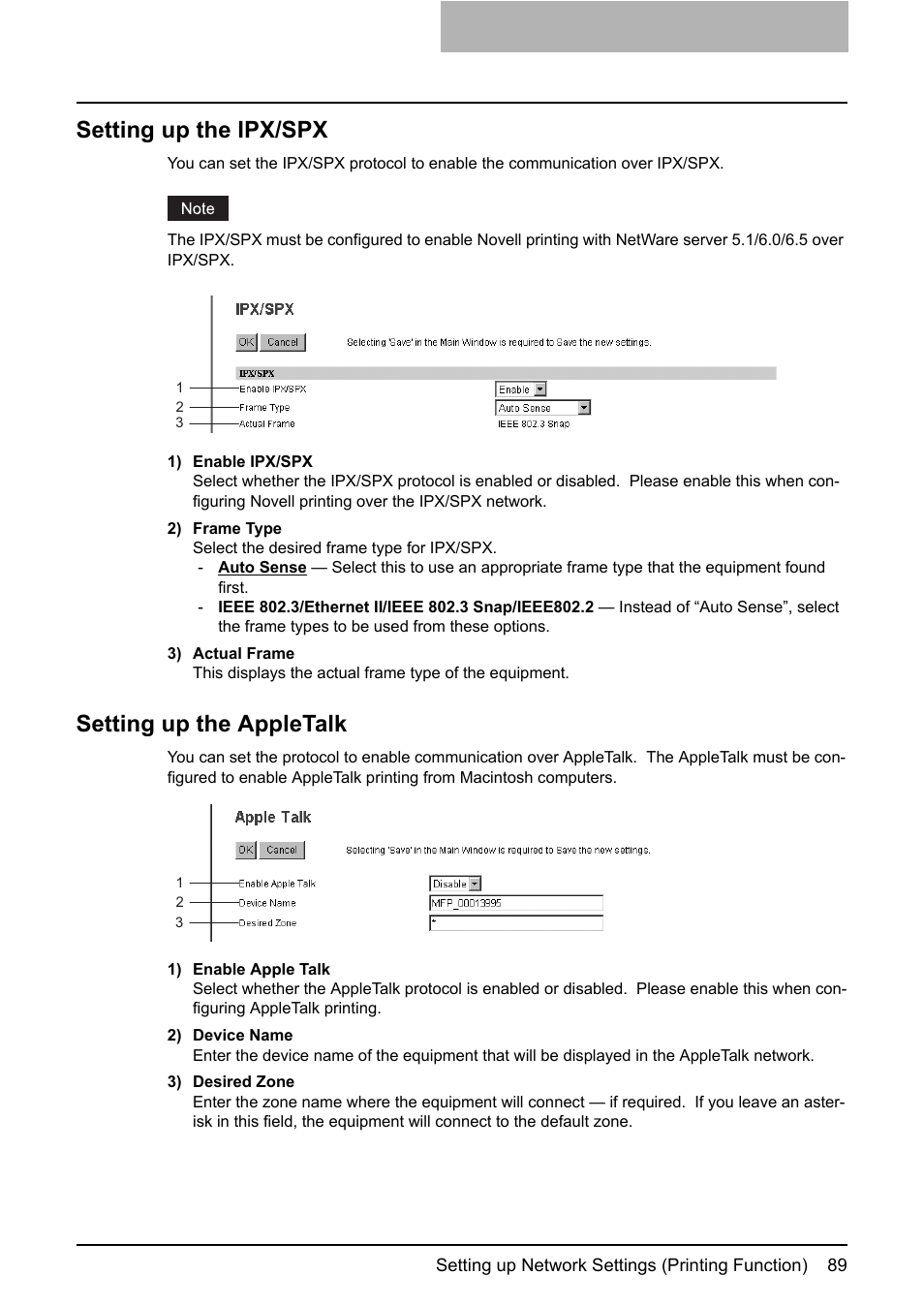 Setting up the ipx/spx, Setting up the appletalk, Setting up the ipx/spx setting up the appletalk | P.89 “setting up the ipx/spx, P.89 “setting up the appletalk | Toshiba GA-1190 User Manual | Page 91 / 156