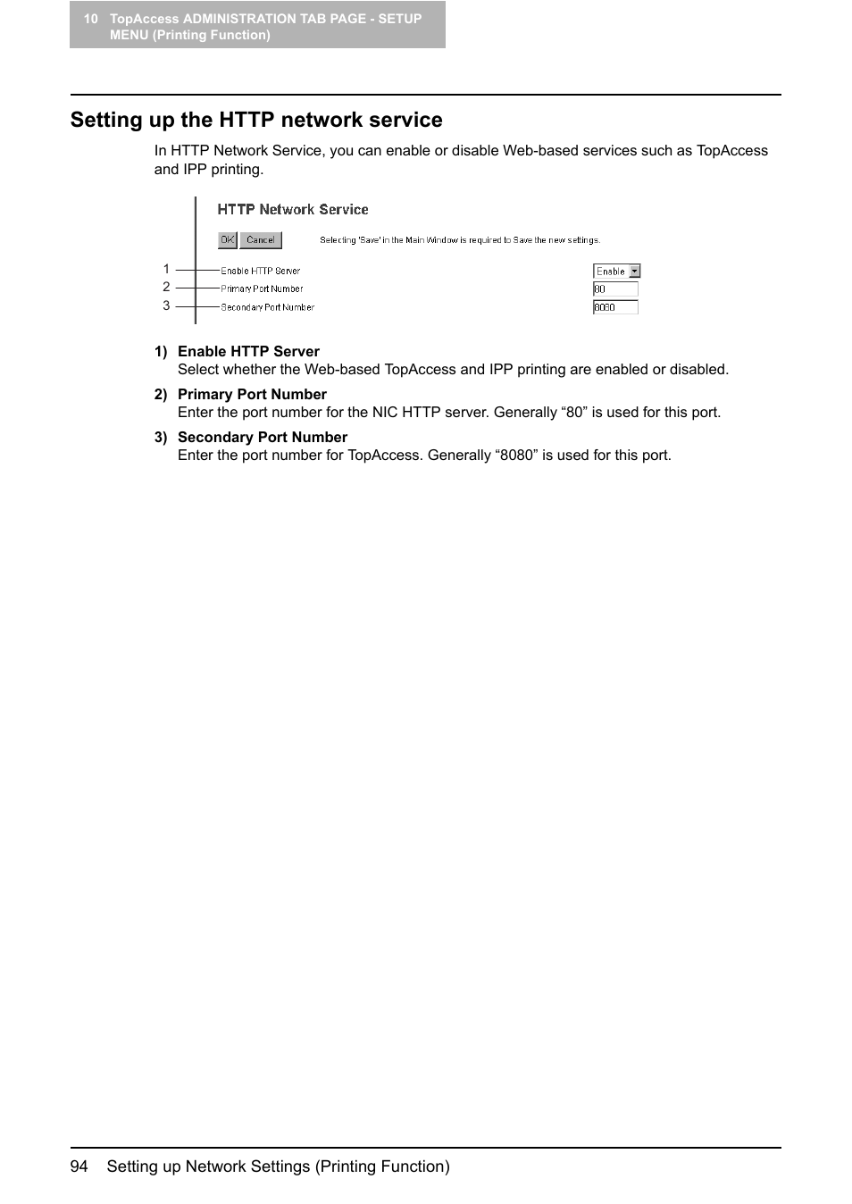 Setting up the http network service, P.94 “setting up the http network service | Toshiba GA-1190 User Manual | Page 96 / 156