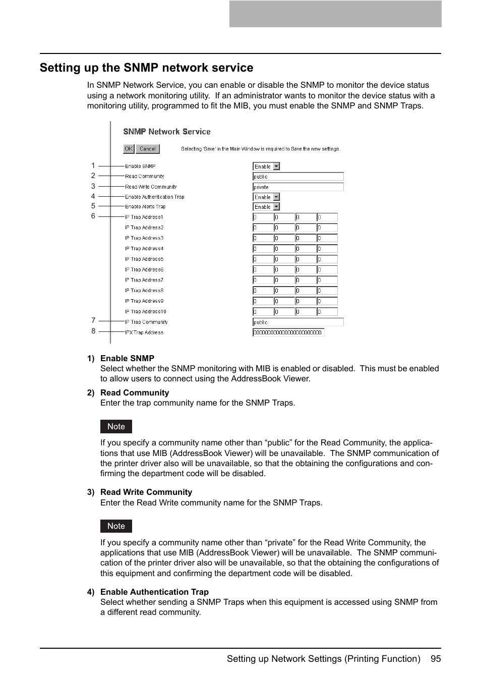 Setting up the snmp network service, P.95 “setting up the snmp network service | Toshiba GA-1190 User Manual | Page 97 / 156