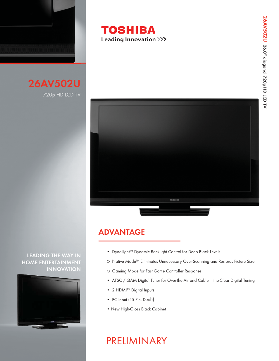 Toshiba 26AV502U User Manual | 2 pages