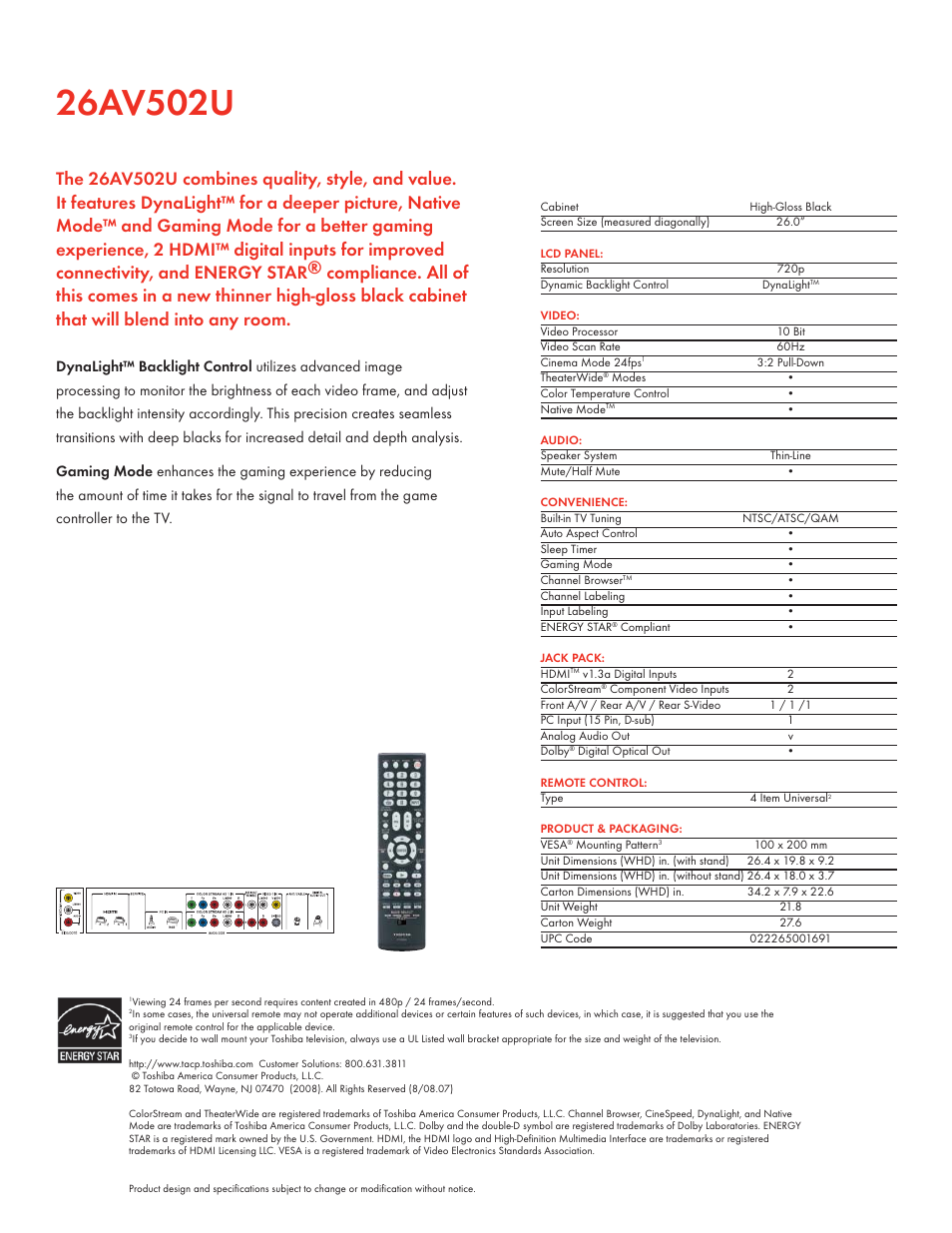 Toshiba 26AV502U User Manual | Page 2 / 2