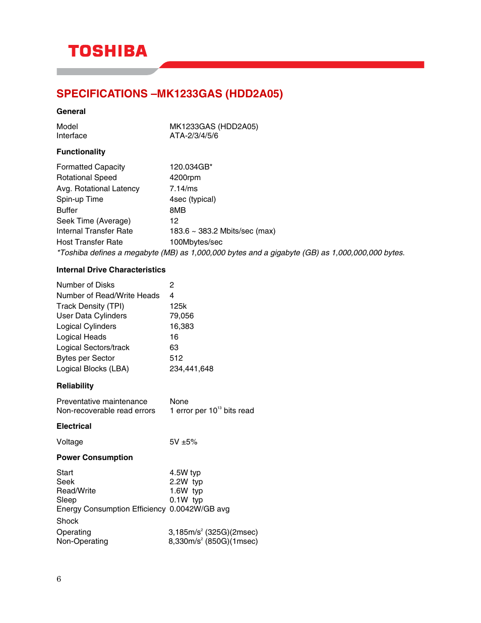 Specifications –mk1233gas (hdd2a05) | Toshiba MK1233GAS User Manual | Page 8 / 11