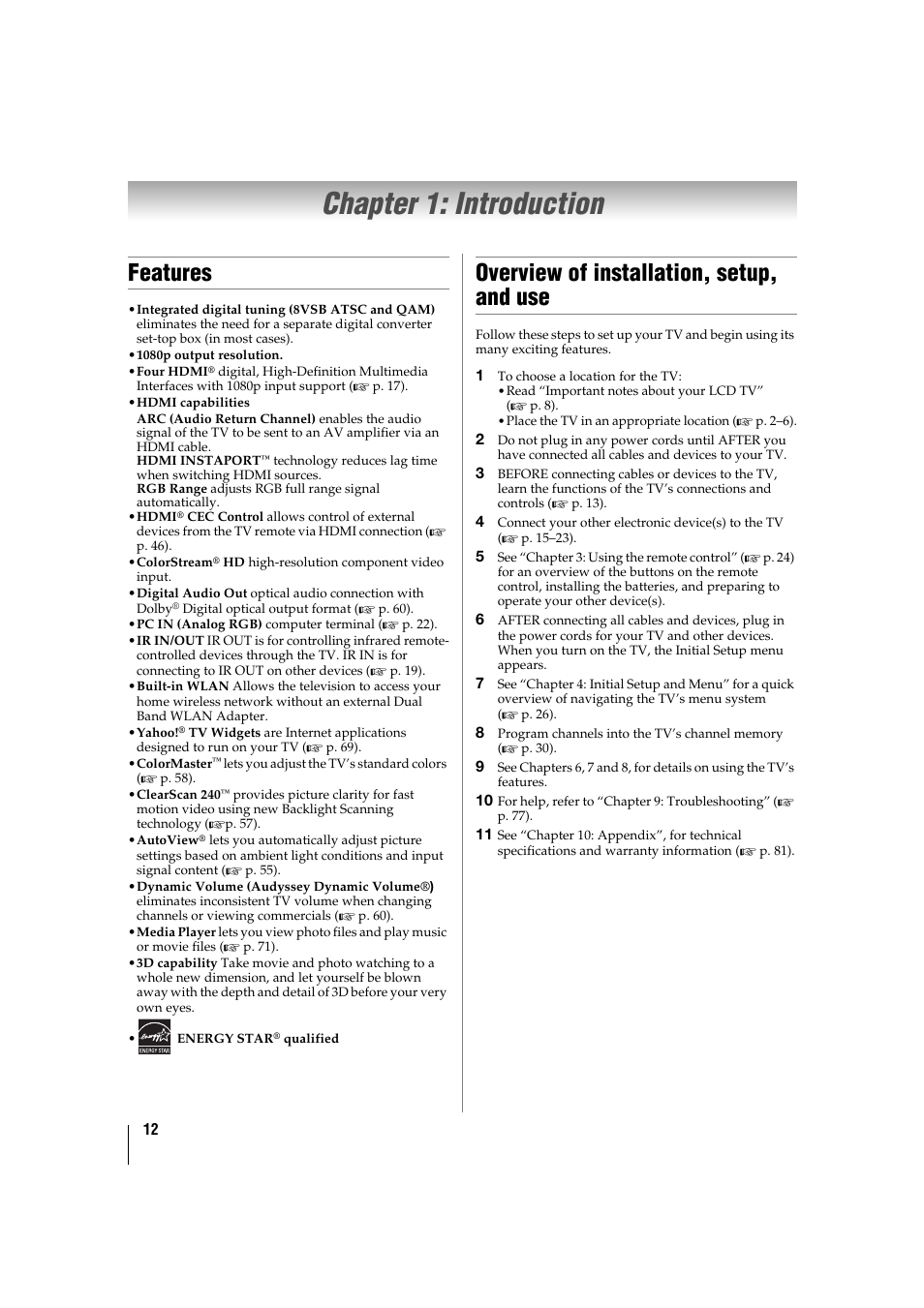 Chapter 1: introduction, Features, Overview of installation, setup,and use | Overview of installation, setup, and use | Toshiba 32TL515U User Manual | Page 12 / 102