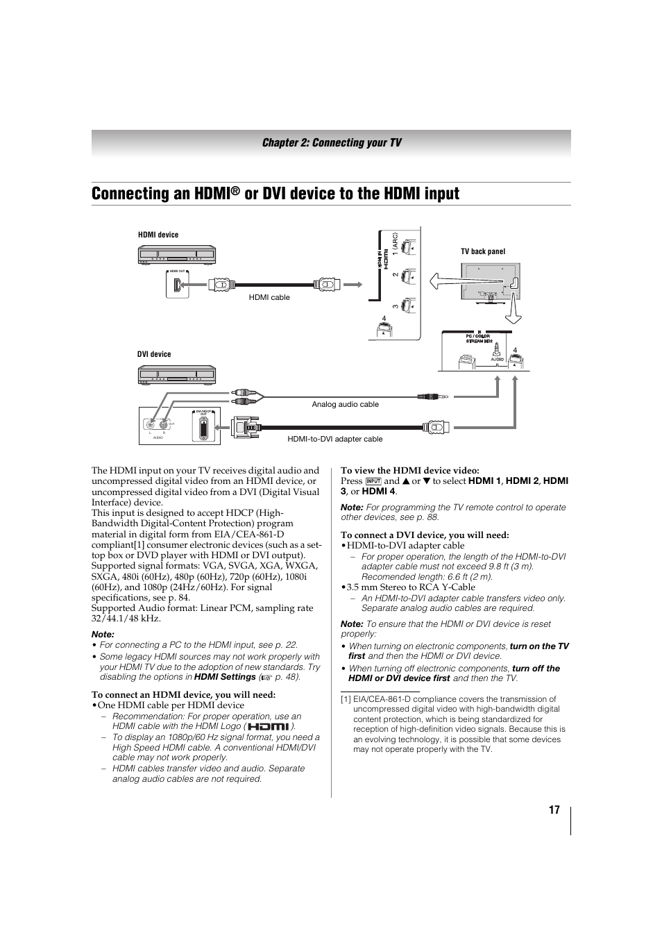 P. 17), P. 17, Connecting an hdmi | Or dvi device to the hdmi input, 17 chapter 2: connecting your tv | Toshiba 32TL515U User Manual | Page 17 / 102