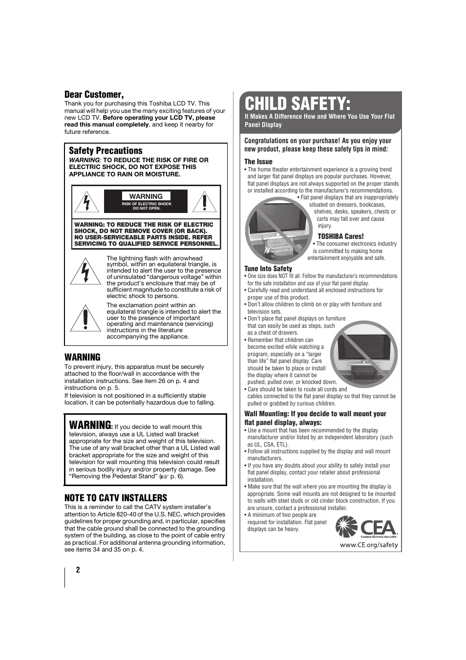Child safety, Dear customer, Warning | Safety precautions | Toshiba 32TL515U User Manual | Page 2 / 102