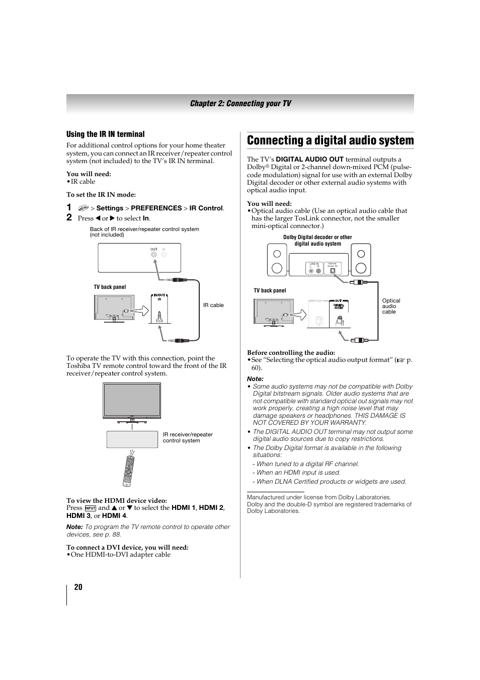 Connecting a digital audio system, P. 20), P. 20 | Toshiba 32TL515U User Manual | Page 20 / 102