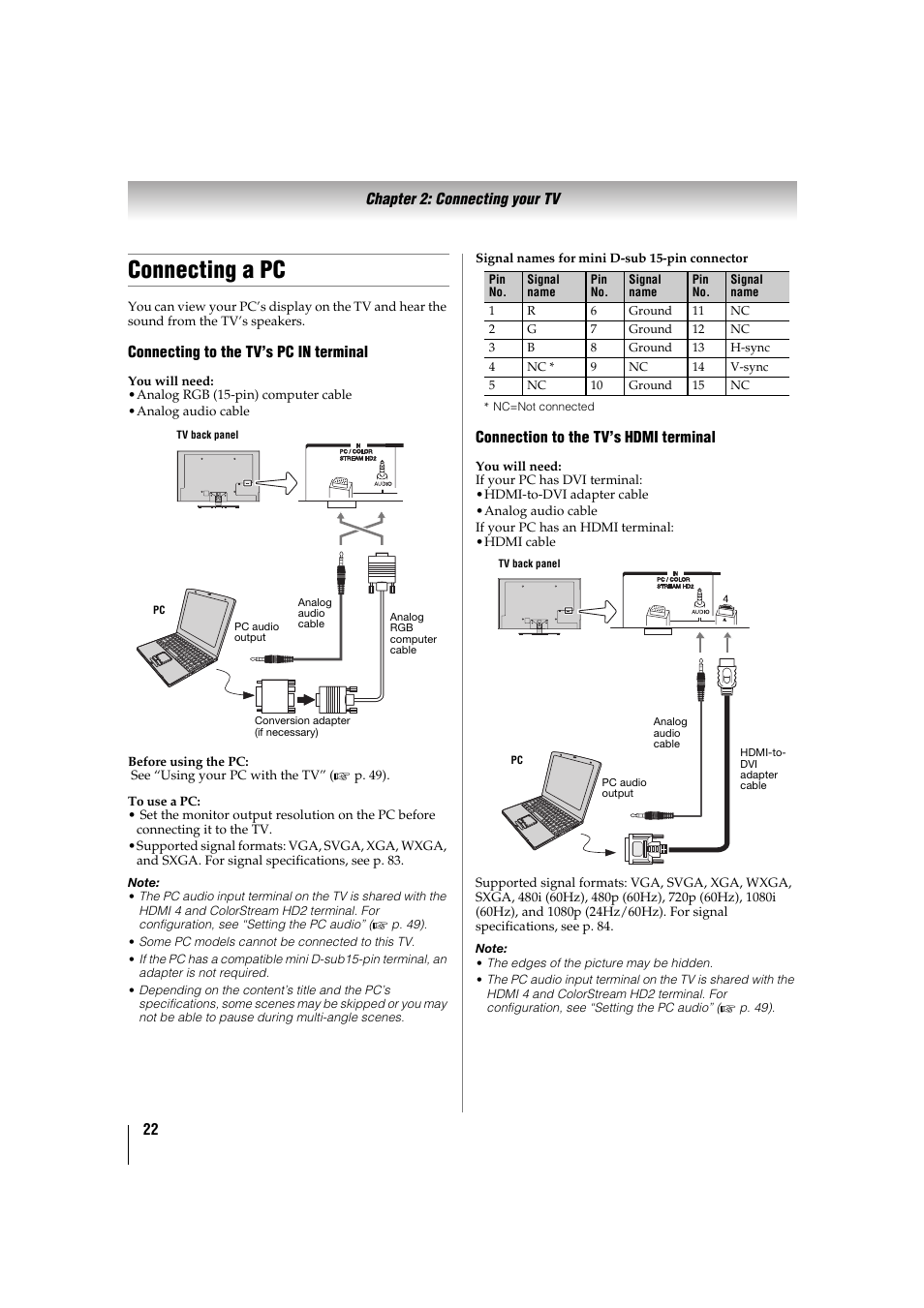 Connecting a pc, P. 22), P. 22 | Toshiba 32TL515U User Manual | Page 22 / 102