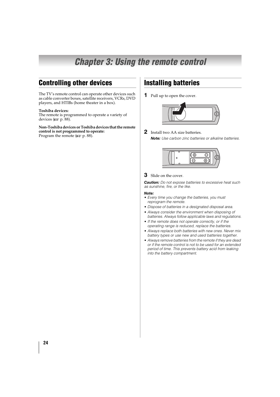 Chapter 3: using the remote control, Controlling other devices, Installing batteries | See “chapter 3: using the remote control | Toshiba 32TL515U User Manual | Page 24 / 102