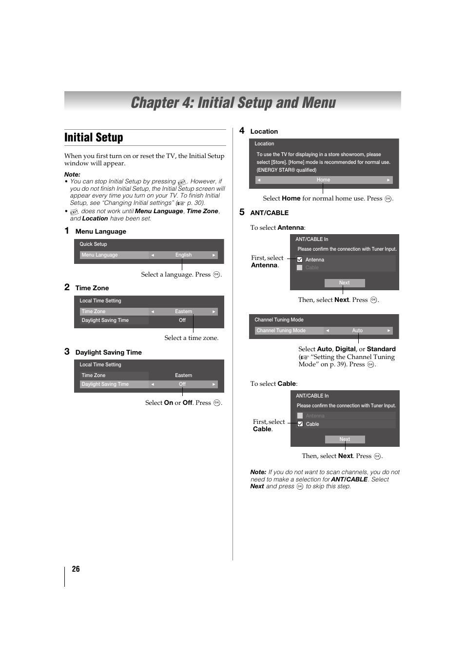 Chapter 4: initial setup and menu, Initial setup, P. 26) | Toshiba 32TL515U User Manual | Page 26 / 102