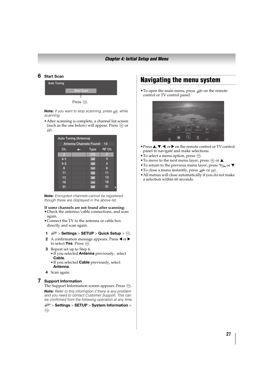 Navigating the menu system, 27 chapter 4: initial setup and menu | Toshiba 32TL515U User Manual | Page 27 / 102