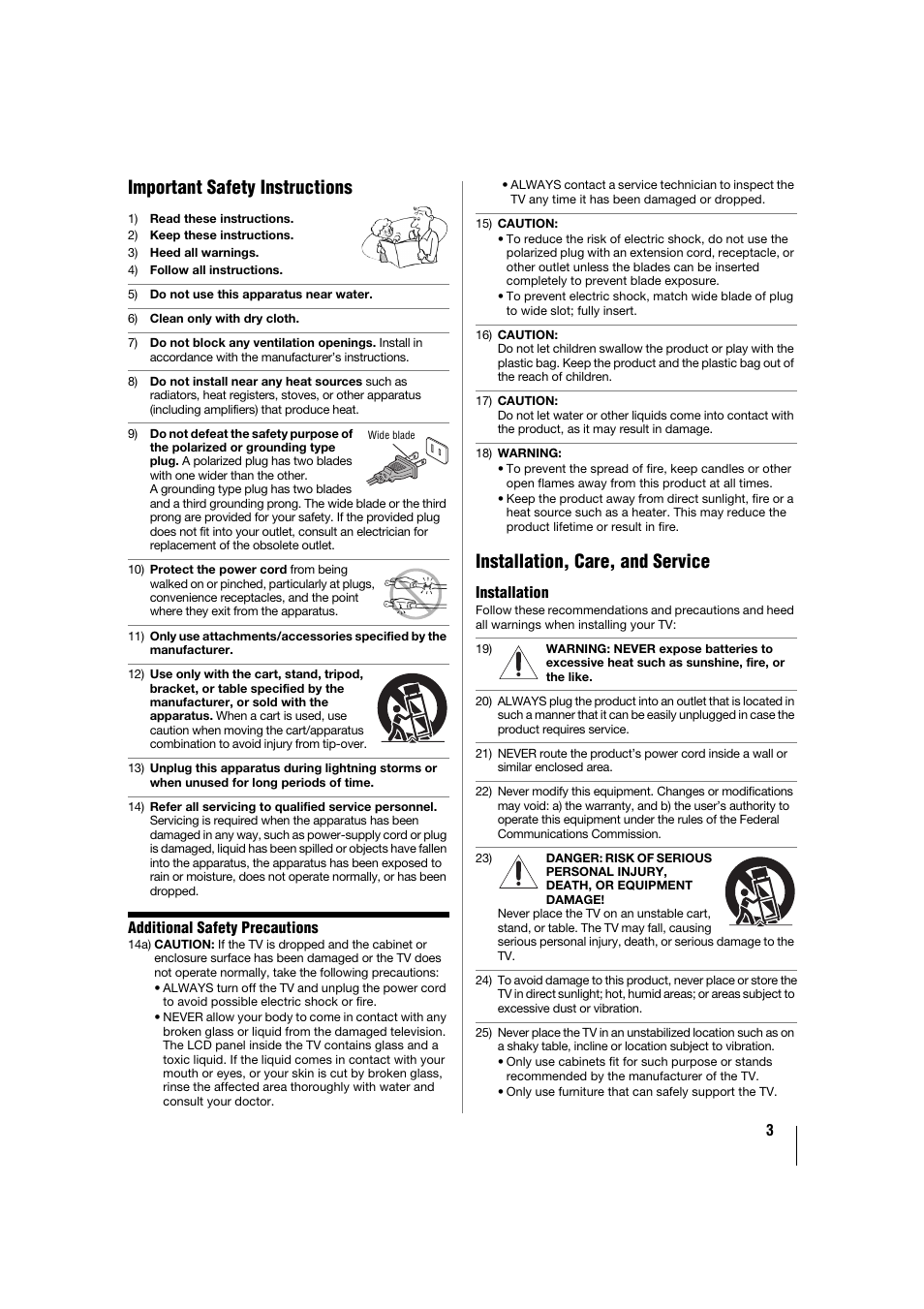 Important safety instructions, Installation, care, and service | Toshiba 32TL515U User Manual | Page 3 / 102