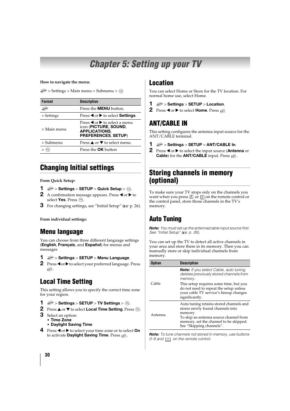 Chapter 5: setting up your tv, Changing initial settings, Menu language | Local time setting, Location, Ant/cable in, Storing channels in memory(optional), Auto tuning, P. 30), Tup, see “changing initial settings | Toshiba 32TL515U User Manual | Page 30 / 102
