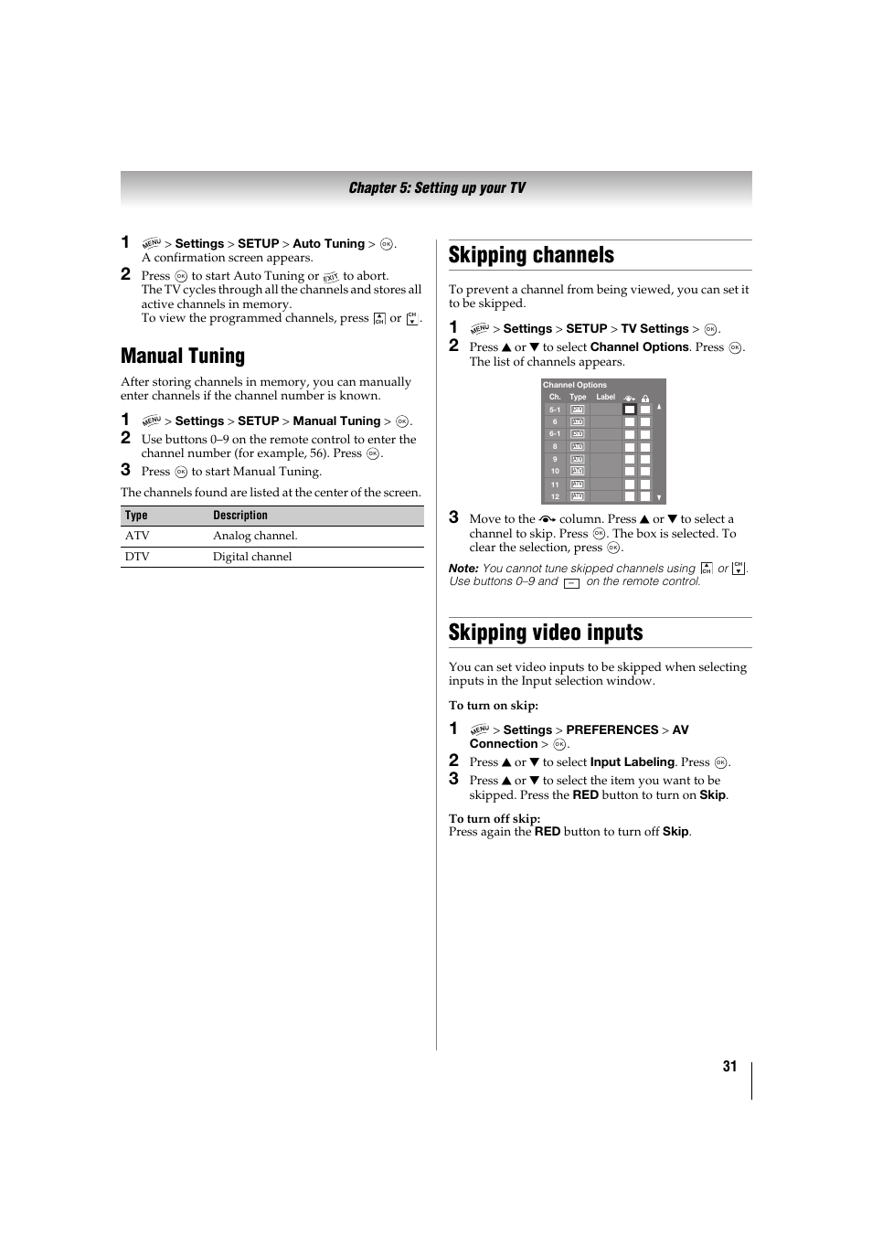 Manual tuning, Skipping channels, Skipping video inputs | 31 chapter 5: setting up your tv | Toshiba 32TL515U User Manual | Page 31 / 102