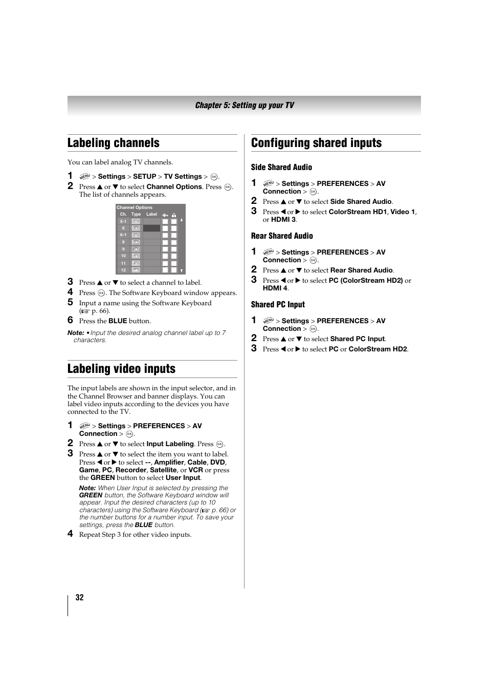 Labeling channels, Labeling video inputs, Configuring shared inputs | P. 32) | Toshiba 32TL515U User Manual | Page 32 / 102