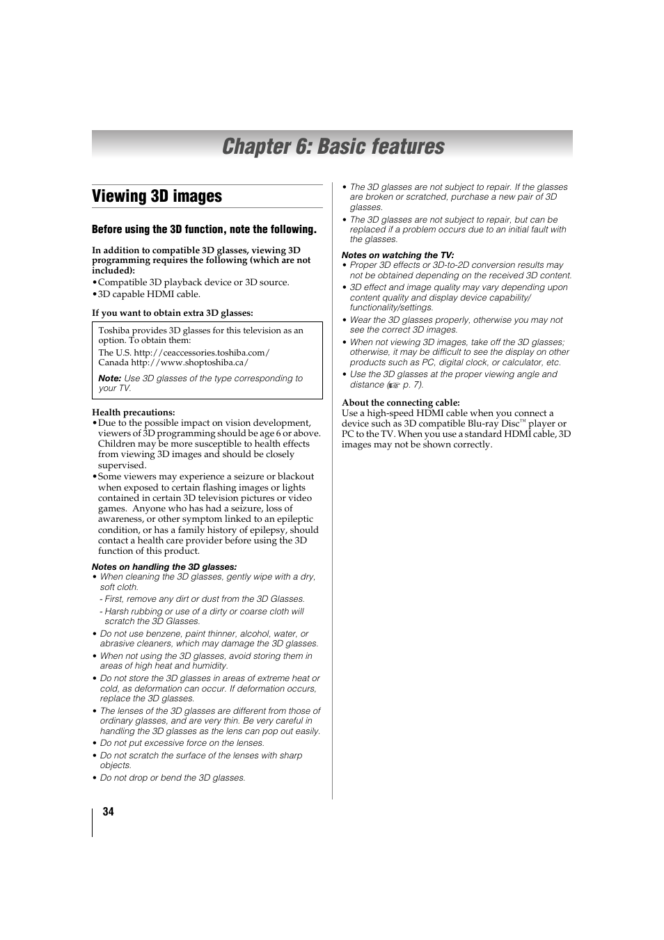 Chapter 6: basic features, Viewing 3d images | Toshiba 32TL515U User Manual | Page 34 / 102