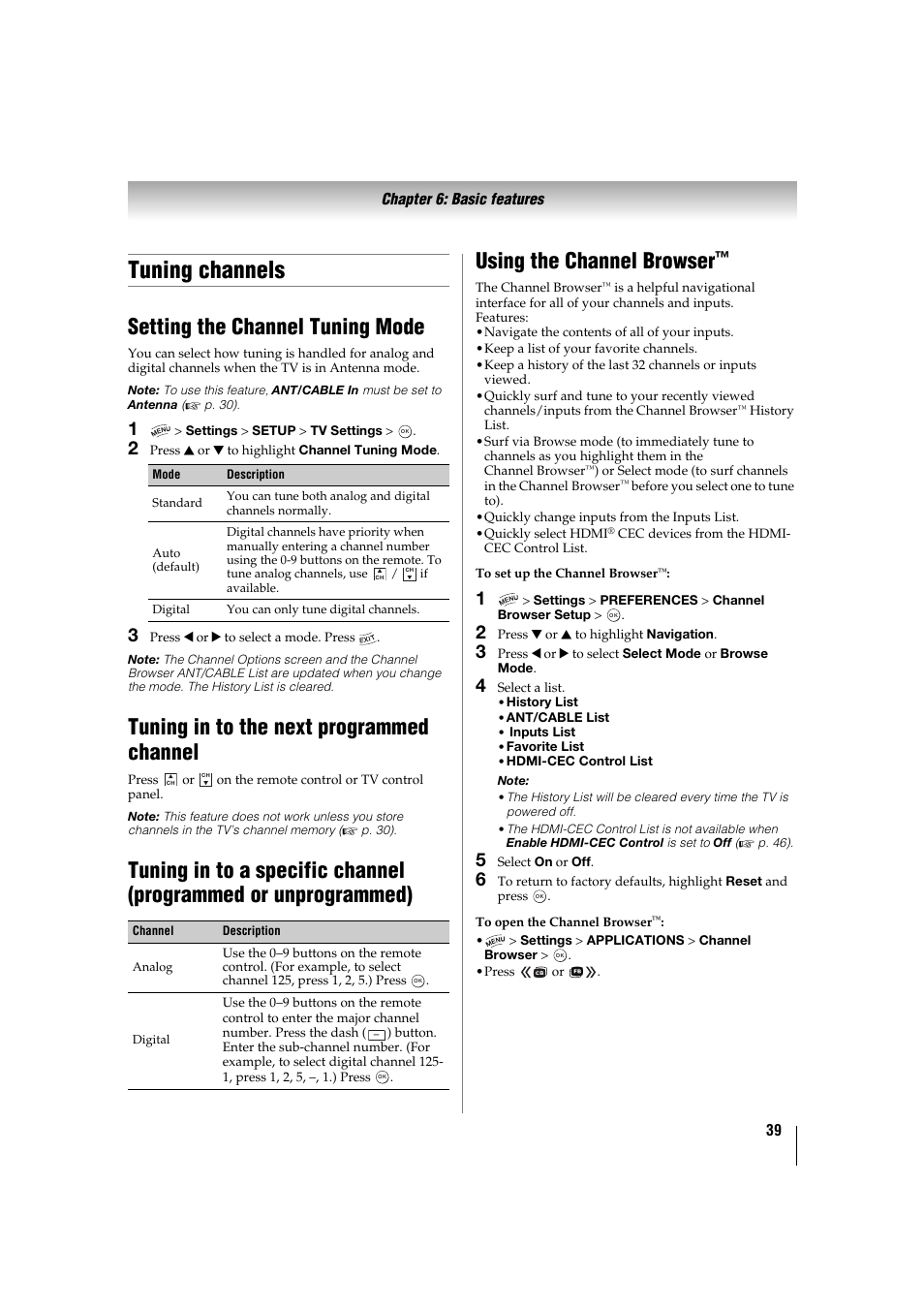 Tuning channels, Setting the channel tuning mode, Tuning in to the next programmedchannel | Using the channel browser, 39) / scro, Setting the channel tuning mode” on p, 39). pre, Tuning in to the next programmed channel | Toshiba 32TL515U User Manual | Page 39 / 102