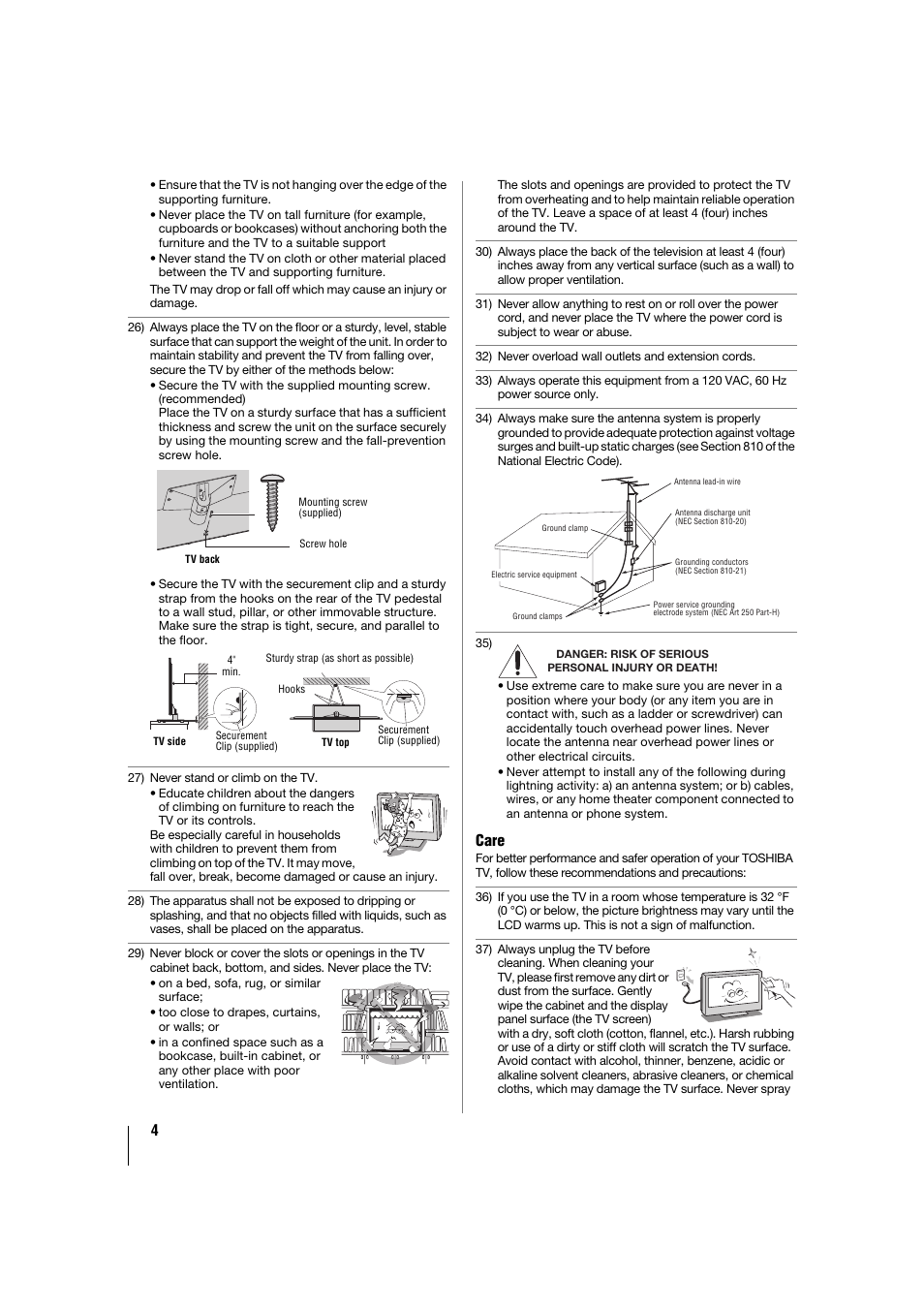 26 o, 4 and, See items 34 and 35 on p. 4 | Care | Toshiba 32TL515U User Manual | Page 4 / 102