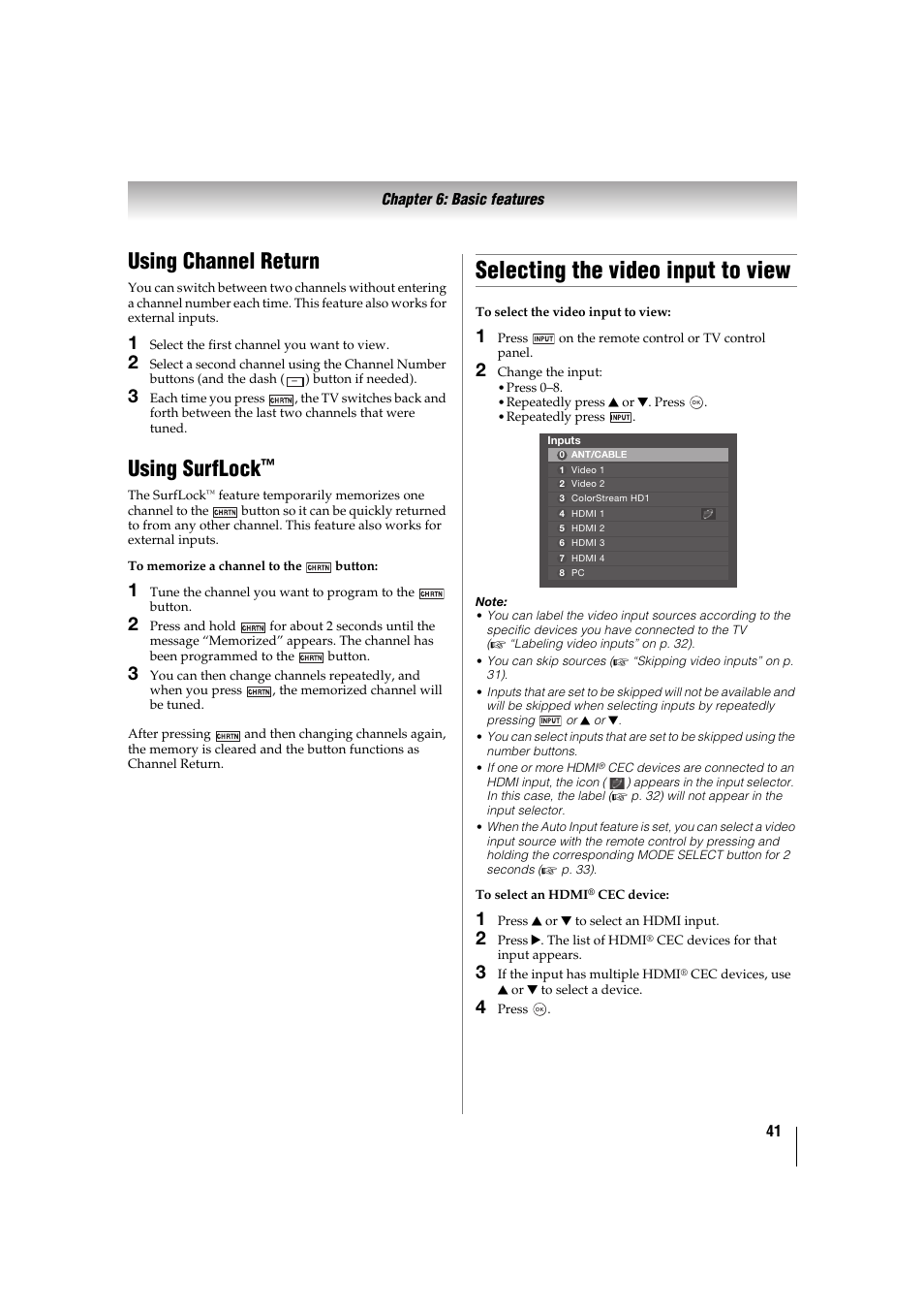 Using channel return, Using surflock, Selecting the video input to view | Toshiba 32TL515U User Manual | Page 41 / 102