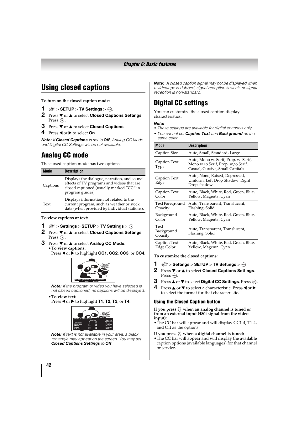 Using closed captions, Analog cc mode, Digital cc settings | P. 42 | Toshiba 32TL515U User Manual | Page 42 / 102
